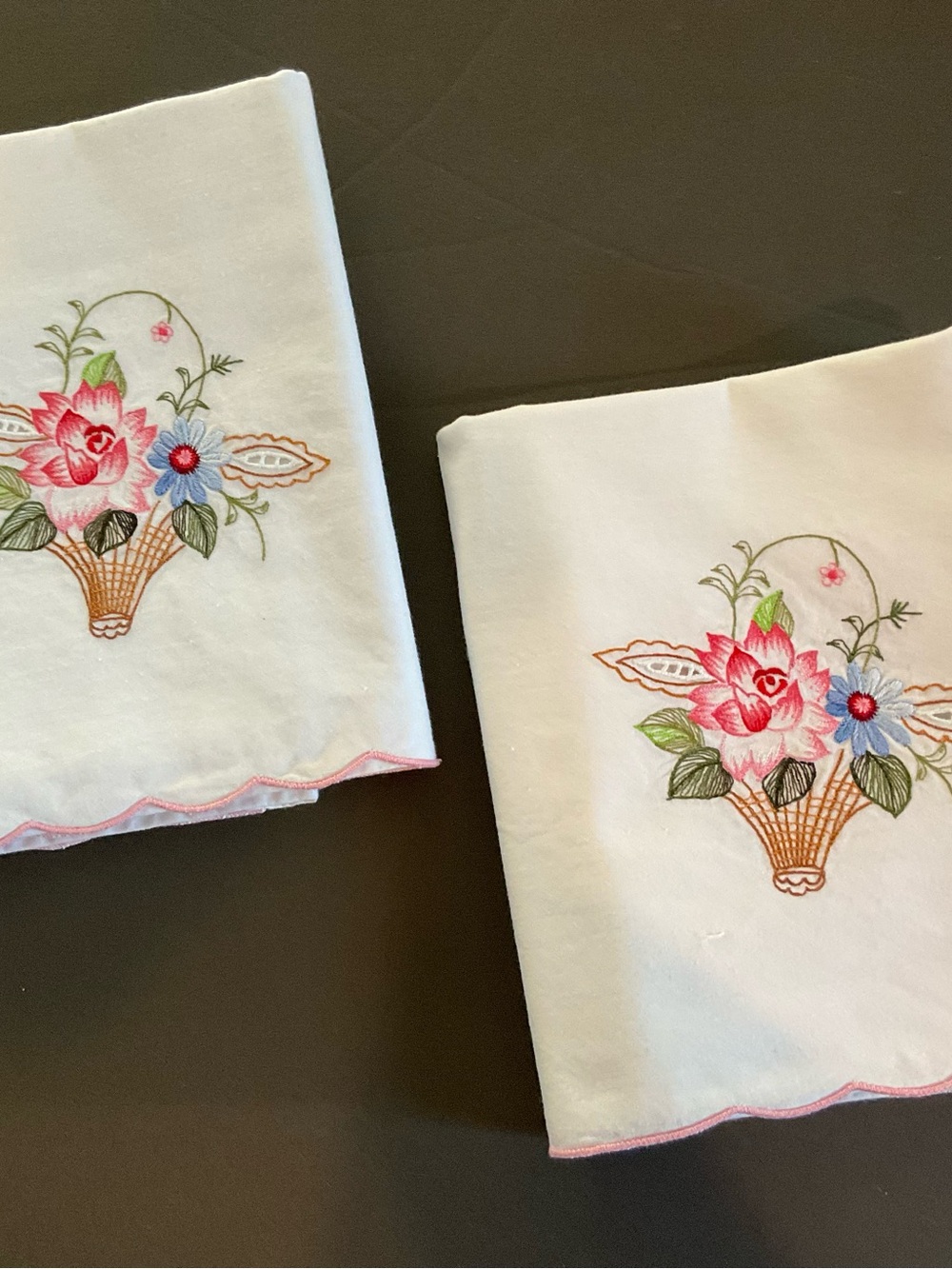 Source Unknown White Pillowcases with Pink & Green Embroidered Floral Baskets